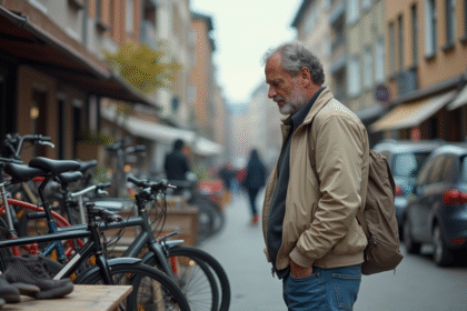 Homme d'âge moyen examinant des vélos d'occasion en marché