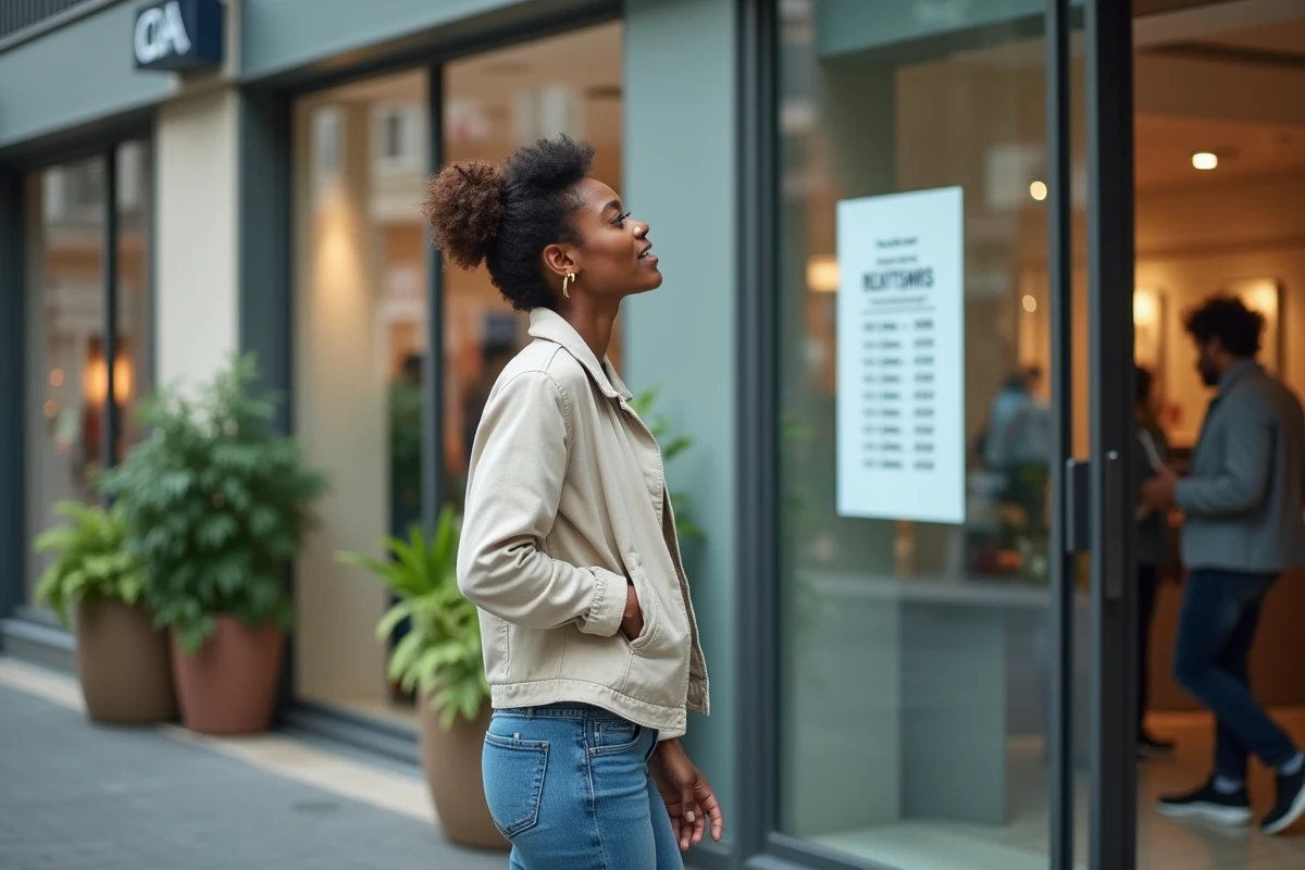 Femme consultant les horaires d'un magasin à Montpellier ouvert le dimanche à l'entrée d'un centre commercial
