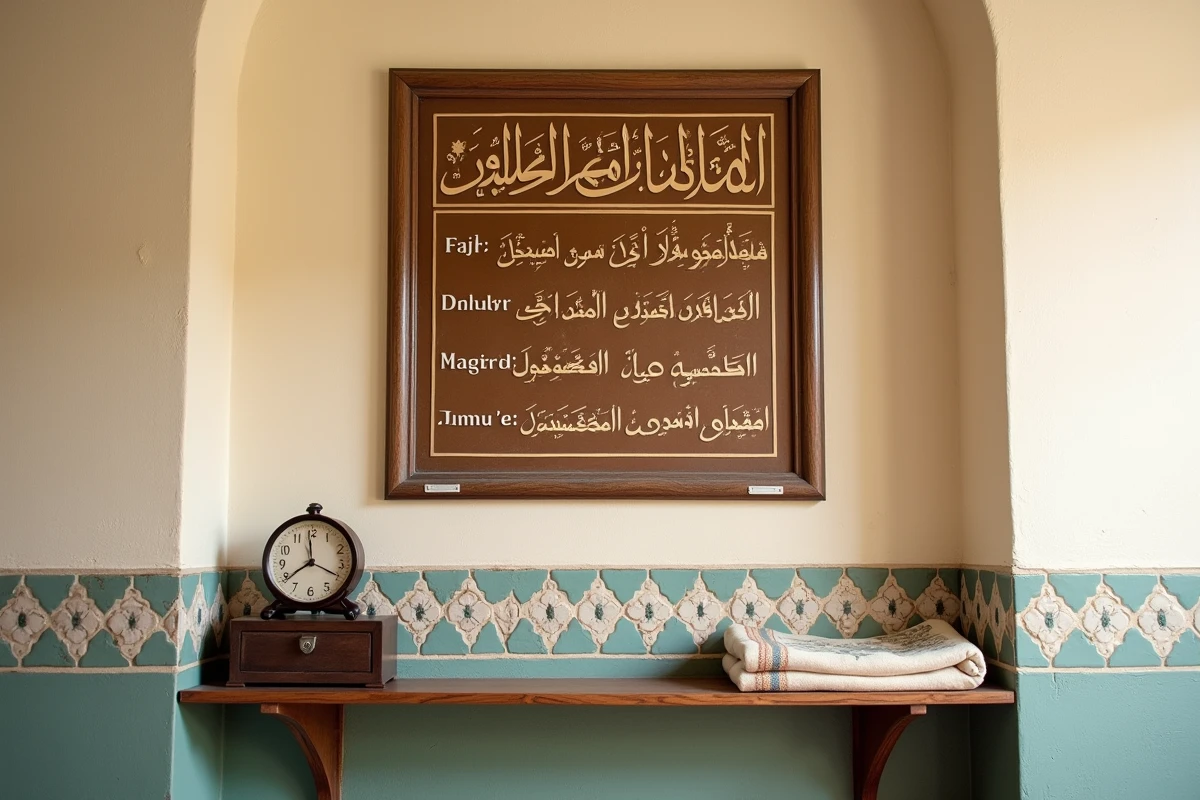 Tableau des horaires de prière et du jumu'a affiché dans une mosquée de Valenciennes avec les heures de salat en arabe et en français
