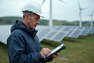 Ingénieur spécialisé en transition énergétique analysant une installation de panneaux solaires en zone rurale française