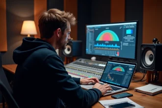 Ingénieur du son consultant un simulateur de niveau sonore sur ordinateur dans un studio d'enregistrement professionnel