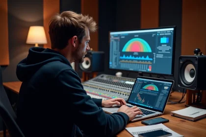 Ingénieur du son consultant un simulateur de niveau sonore sur ordinateur dans un studio d'enregistrement professionnel