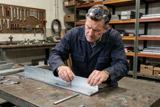 Professionnel de la construction inspectant une cornière en L acier sur un établi d'atelier métallurgique