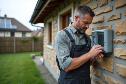 Homme en tenue de travail inspectant un compteur solaire extérieur
