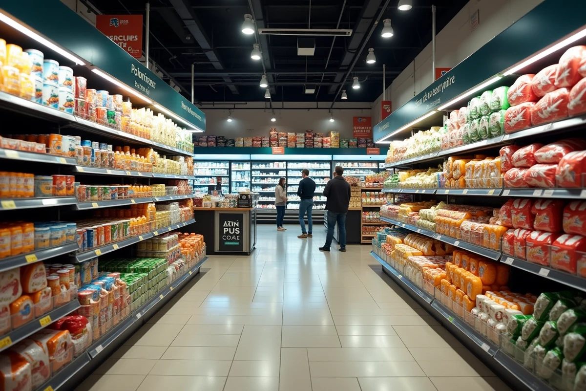 Intérieur du SP Supermarché de Châtillon avec rayons bien organisés et produits du quotidien