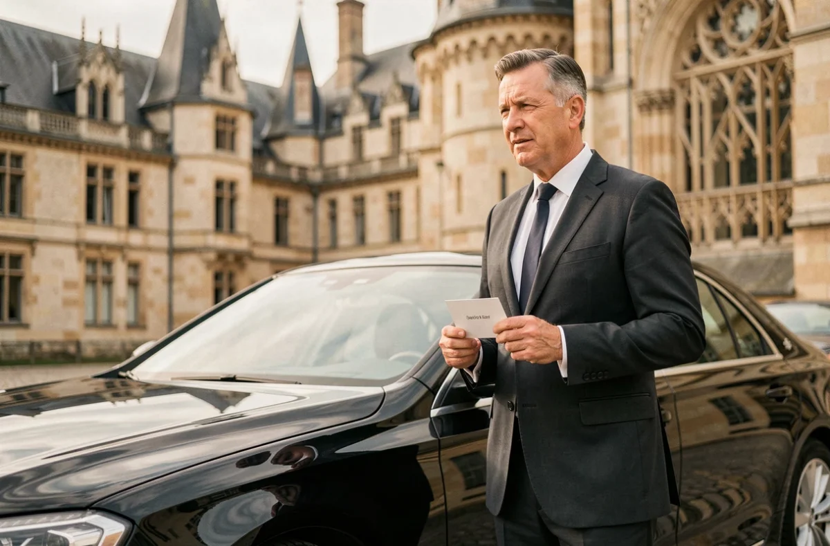 Chauffeur VTC Jacques Coeur Transport en costume sombre tenant une pancarte devant le Palais Jacques-Cœur à Bourges