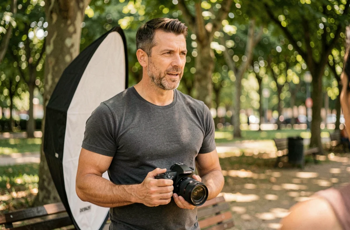 Photographe homme en chemise grise dirigeant une session portrait en extérieur dans un parc de Montpellier avec réflecteur visible