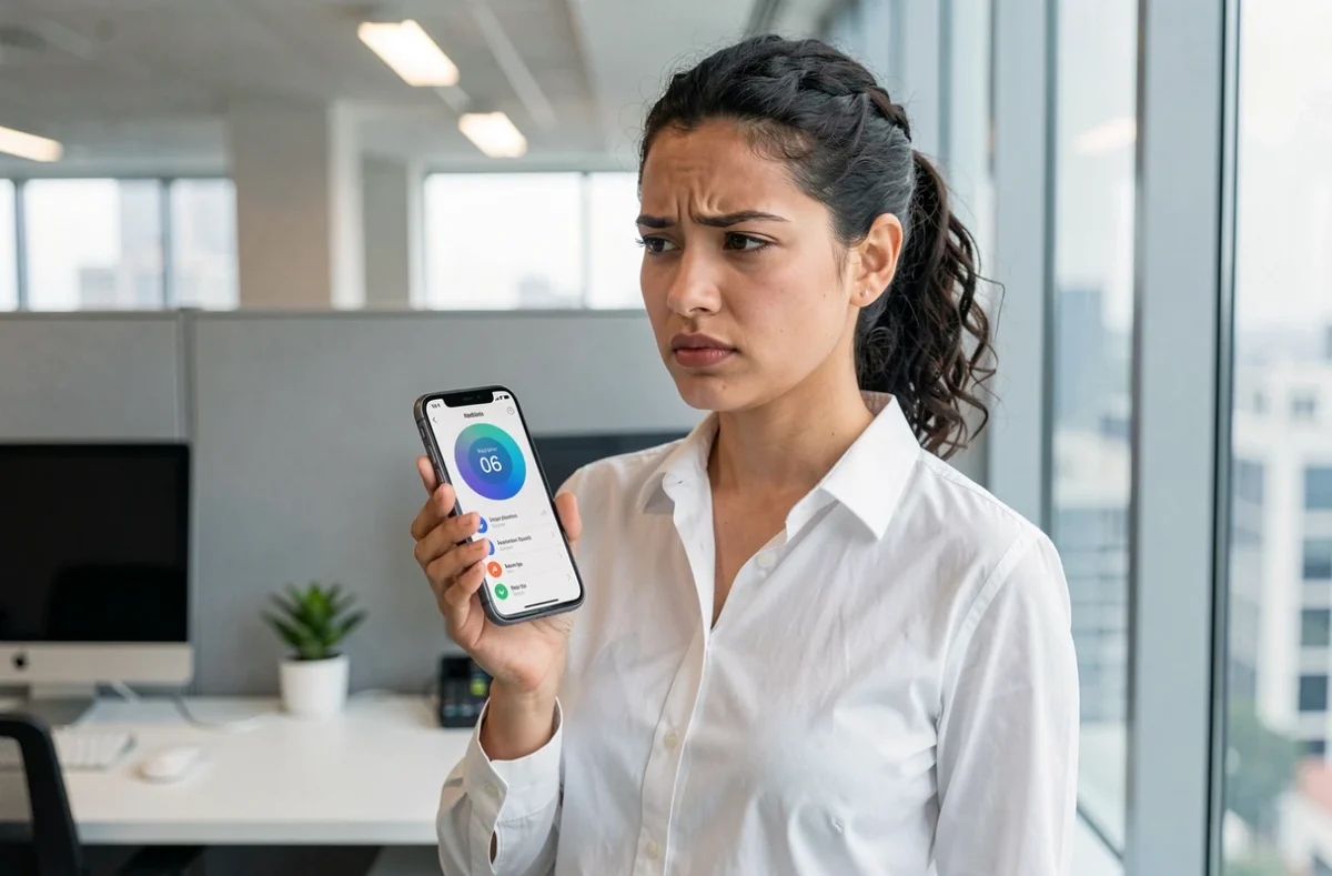 Jeune femme professionnelle consultant l'historique d'appels de son téléphone portable pour identifier et bloquer un numéro 06 suspect grâce à un annuaire inversé
