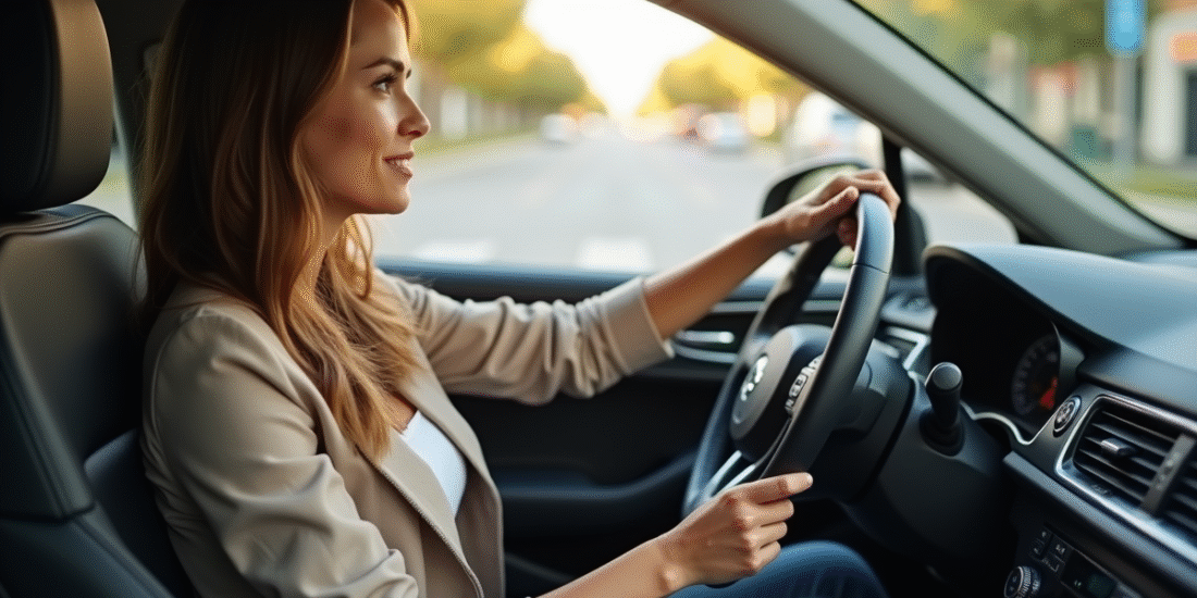 Jeune femme détendue au volant d'une voiture automatique en ville