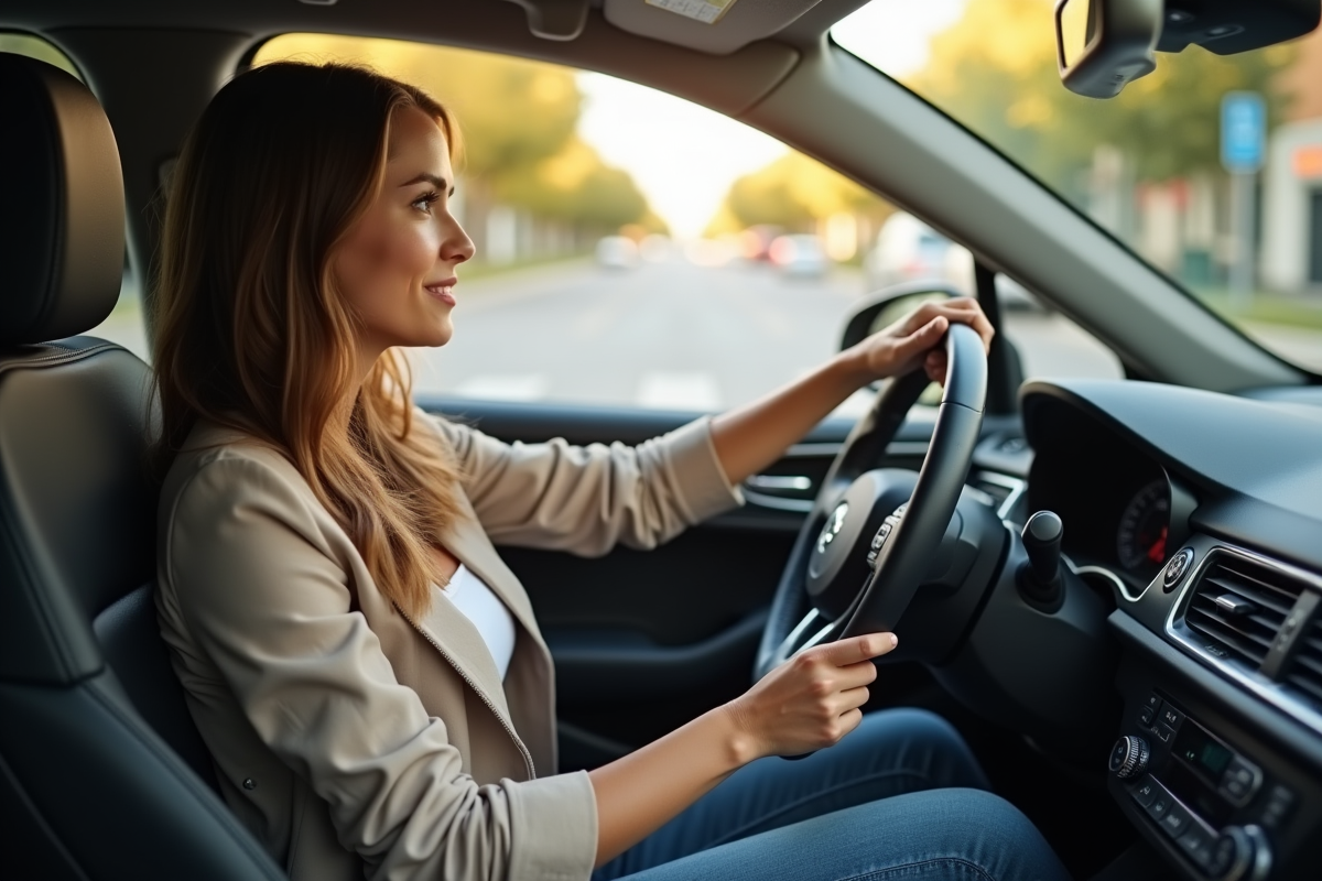 Jeune femme détendue au volant d'une voiture automatique en ville