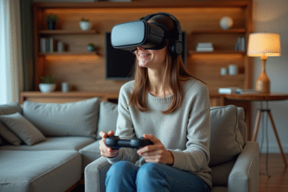 Jeune femme en réalité virtuelle avec casque et contrôleurs