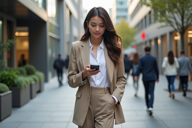 Jeune femme élégante en ville avec blazer et pantalon large