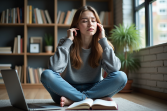 Jeune femme stressée assise sur le sol d'un appartement