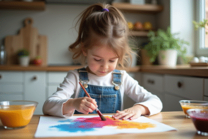 Jeune fille peignant avec des jus de fruits naturels