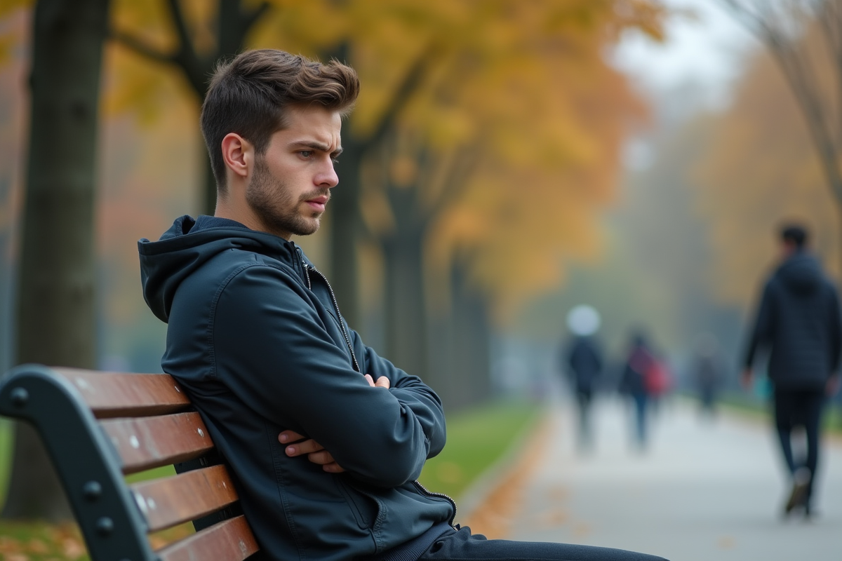 Jeune homme frustré assis sur un banc dans un parc