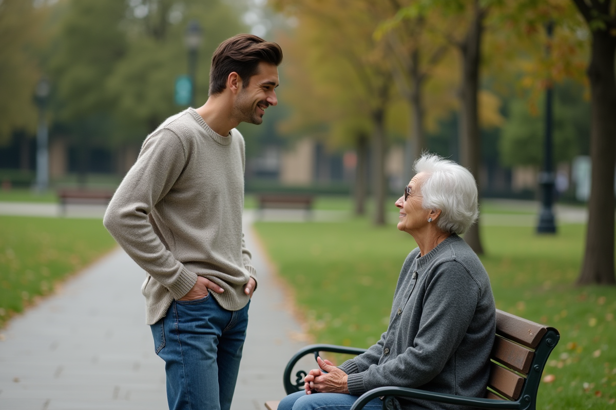 Jeune homme parlant avec une femme dans un parc urbain
