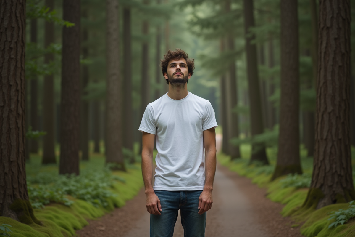 Jeune homme en forêt sur un sentier naturel