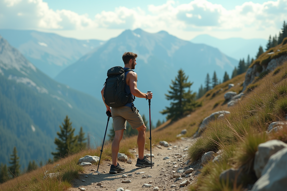Jeune homme en randonnée sur un sentier rocheux