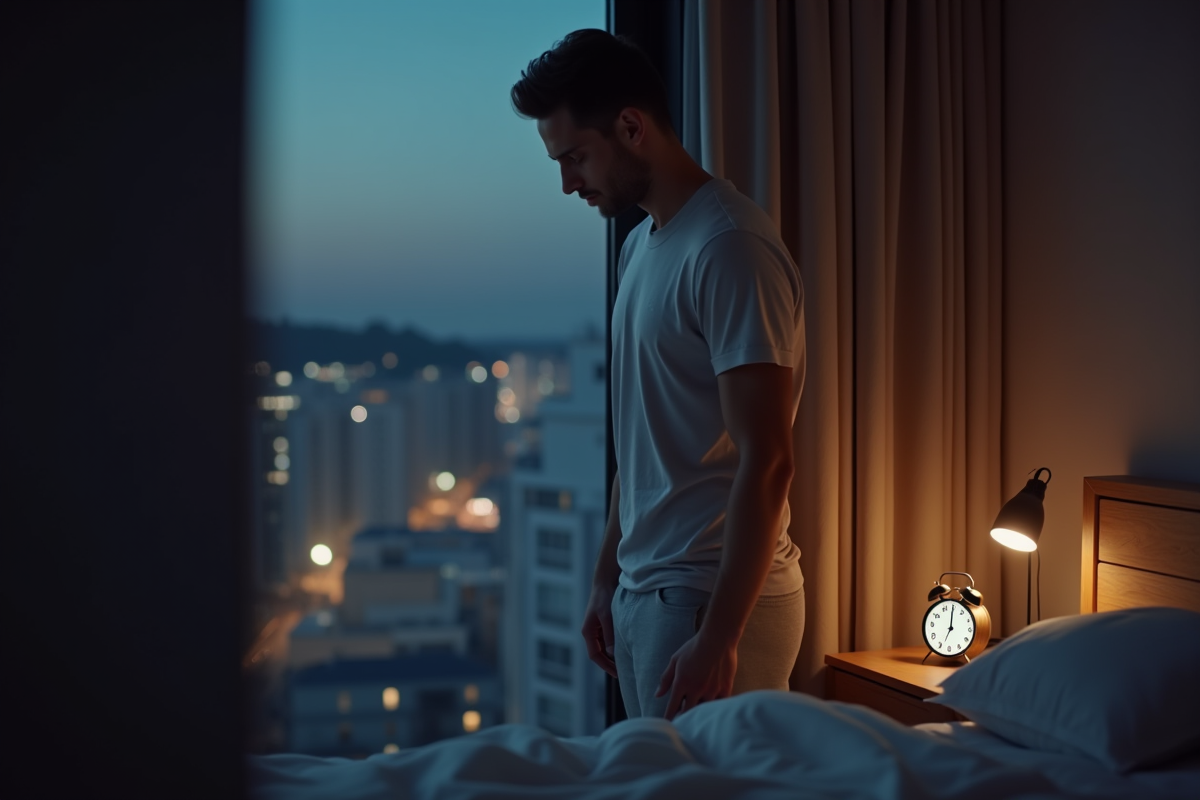 Jeune homme réglant son réveil dans une chambre moderne