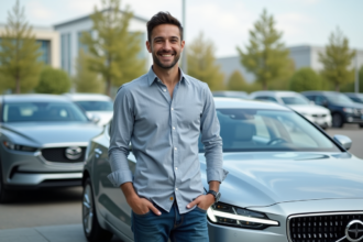 Jeune homme devant une voiture neuve dans une concession