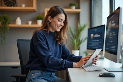 Jeune webdesigner souriante en bureau moderne