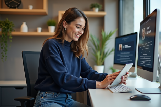 Jeune webdesigner souriante en bureau moderne