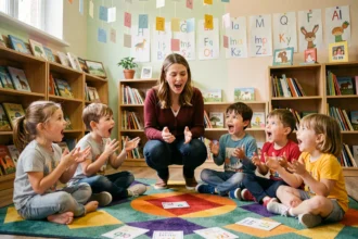 Maîtresse d'école et enfants de CE1 récitant un poème avec des jeux de voix animés dans une salle de classe colorée