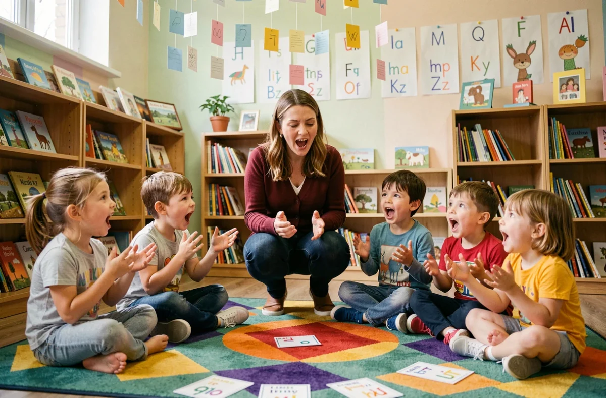 Maîtresse d'école et enfants de CE1 récitant un poème avec des jeux de voix animés dans une salle de classe colorée