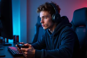 Joueur immergé dans une session de jeu vidéo manette en main avec casque audio, ambiance gaming sombre et atmosphérique