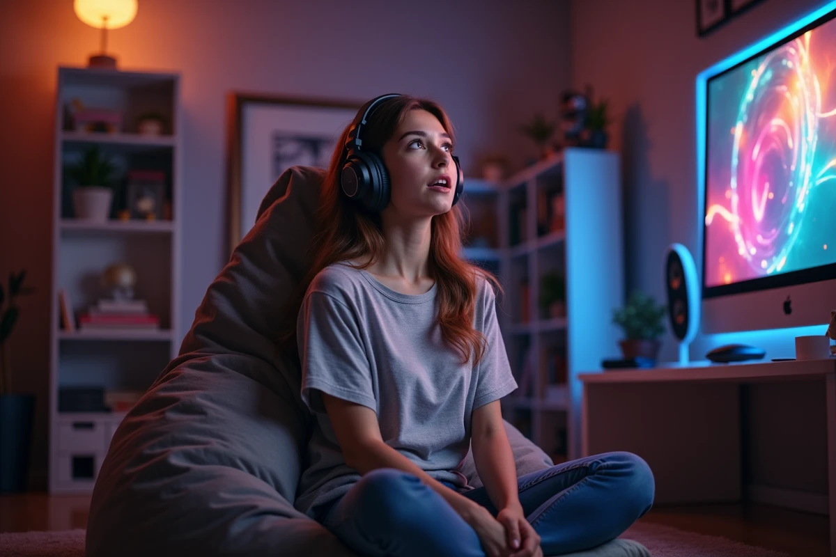 Joueuse réagissant avec émerveillement au son et aux graphismes d'un jeu vidéo, assise dans un espace gaming confortable avec casque audio