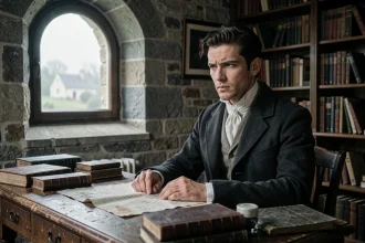 Jeune homme en tenue du XIXe siècle assis à un bureau ancien avec des livres, évoquant le personnage de Julien Sorel dans Le Rouge et le Noir de Stendhal