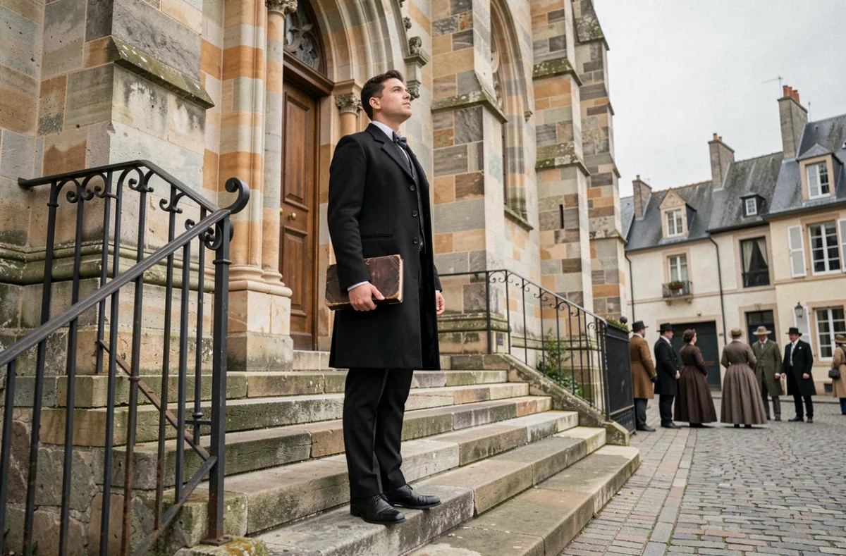 Jeune homme ambitieux en habit noir du XIXe siècle devant une église provinciale française, symbolisant l'ascension sociale de Julien Sorel dans Le Rouge et le Noir