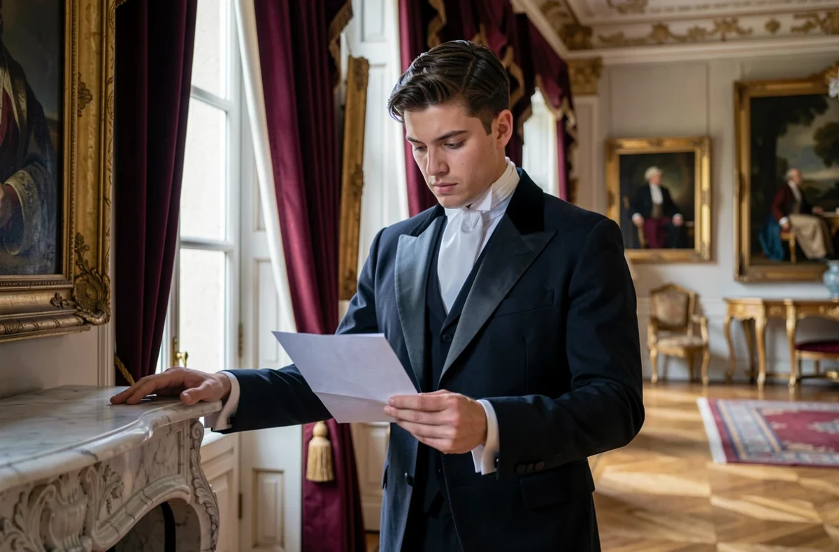 Jeune homme en tenue élégante du XIXe siècle lisant une lettre dans un salon aristocratique français, illustrant les tensions sociales et psychologiques de Julien Sorel chez Stendhal