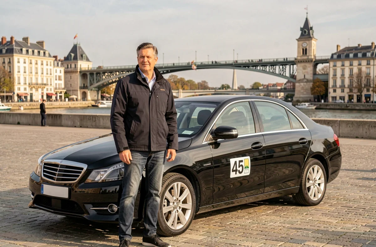 Chauffeur KM VTC 45 en veste sombre devant une berline noire à Orléans avec la Loire et un pont en arrière-plan