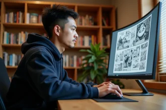 Jeune homme lisant des scans de manga sur un grand écran incurvé dans un bureau moderne avec étagères de mangas en arrière-plan