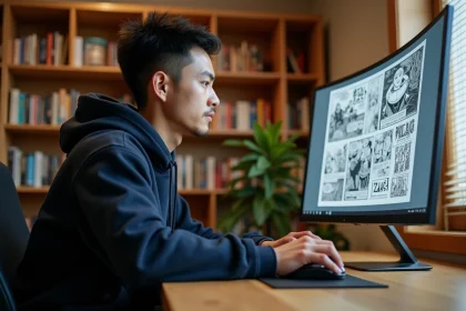 Jeune homme lisant des scans de manga sur un grand écran incurvé dans un bureau moderne avec étagères de mangas en arrière-plan