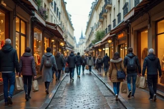 Rue commerçante du centre-ville de Montpellier ouverte le dimanche avec des passants et des boutiques