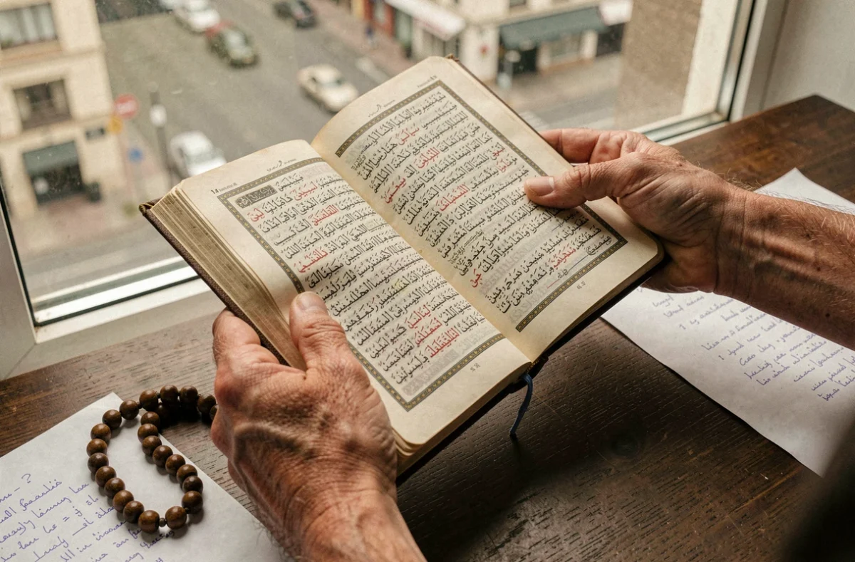 Mains tenant un Coran ouvert sur un bureau en bois avec des notes manuscrites et un chapelet, symbolisant la réflexion spirituelle après l'istikhara