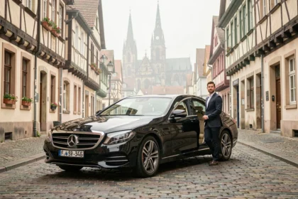 Un chauffeur VTC professionnel en costume sombre ouvre la portière d'une berline noire de luxe dans une rue pavée de Strasbourg avec la cathédrale en arrière-plan.