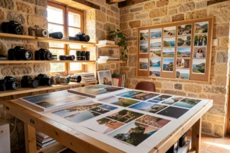 Studio photographique dans l'Hérault avec matériel photo et portfolios imprimés sur une grande table en bois