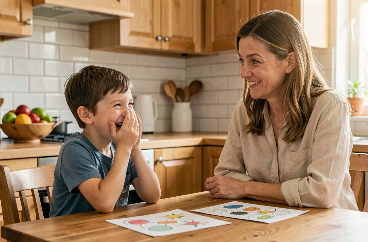 Un enfant espiègle et sa mère souriante à table, représentant la gestion bienveillante de l'humour potache des enfants