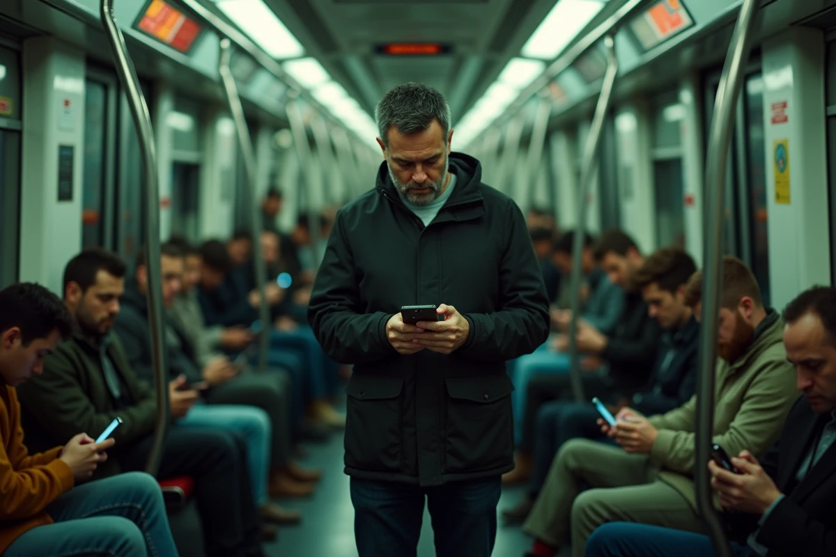 Passagers de métro absorbés par leurs smartphones, homme au regard tendu, symbole de l'isolement numérique collectif