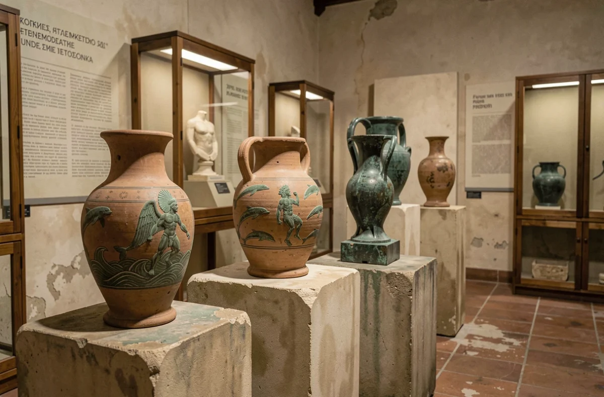 Vitrine de musée archéologique grec présentant des vases en céramique et bronzes anciens représentant des divinités marines grecques