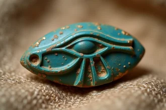 Amulette de l'œil d'Horus en faïence turquoise sur tissu lin ancien, détail macro photographique symbolisant la signification de l'œil égyptien
