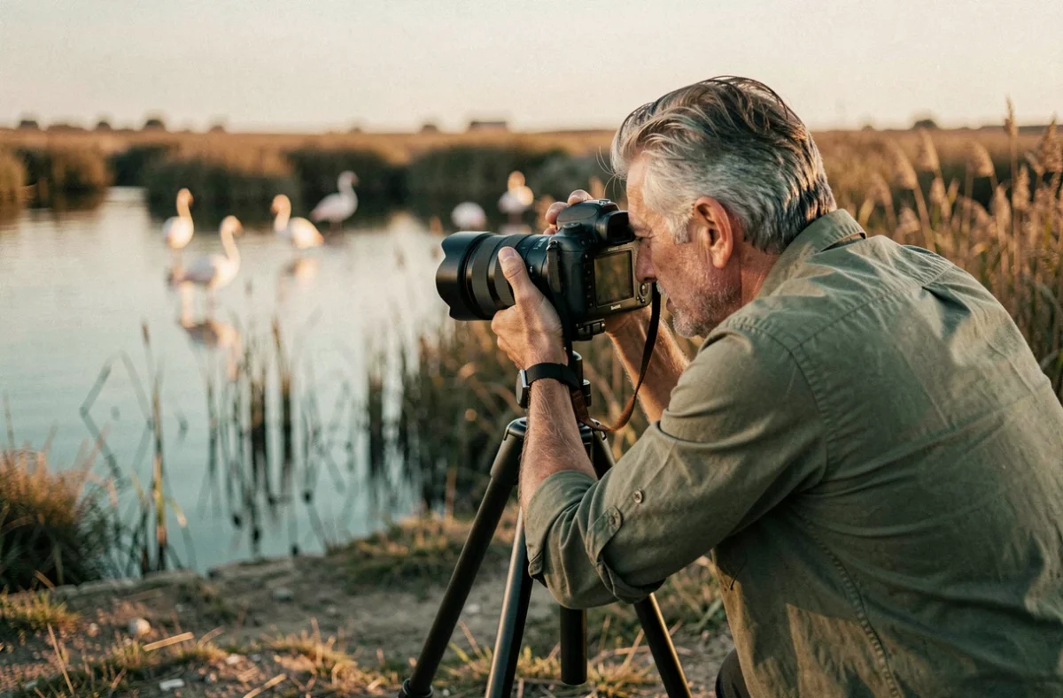 Photographe homme aux cheveux grisonnants photographiant l'étang de Thau avec flamants roses flous en arrière-plan au coucher du soleil