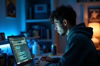 Jeune homme configurant les paramètres d'optimisation de jeux sur un laptop dans une chambre gaming