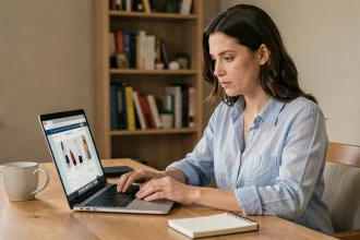Femme saisissant ses informations de paiement sur un site e-commerce depuis un bureau à domicile