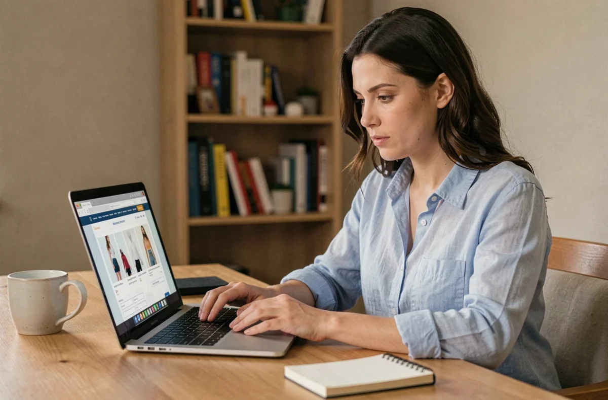 Femme saisissant ses informations de paiement sur un site e-commerce depuis un bureau à domicile