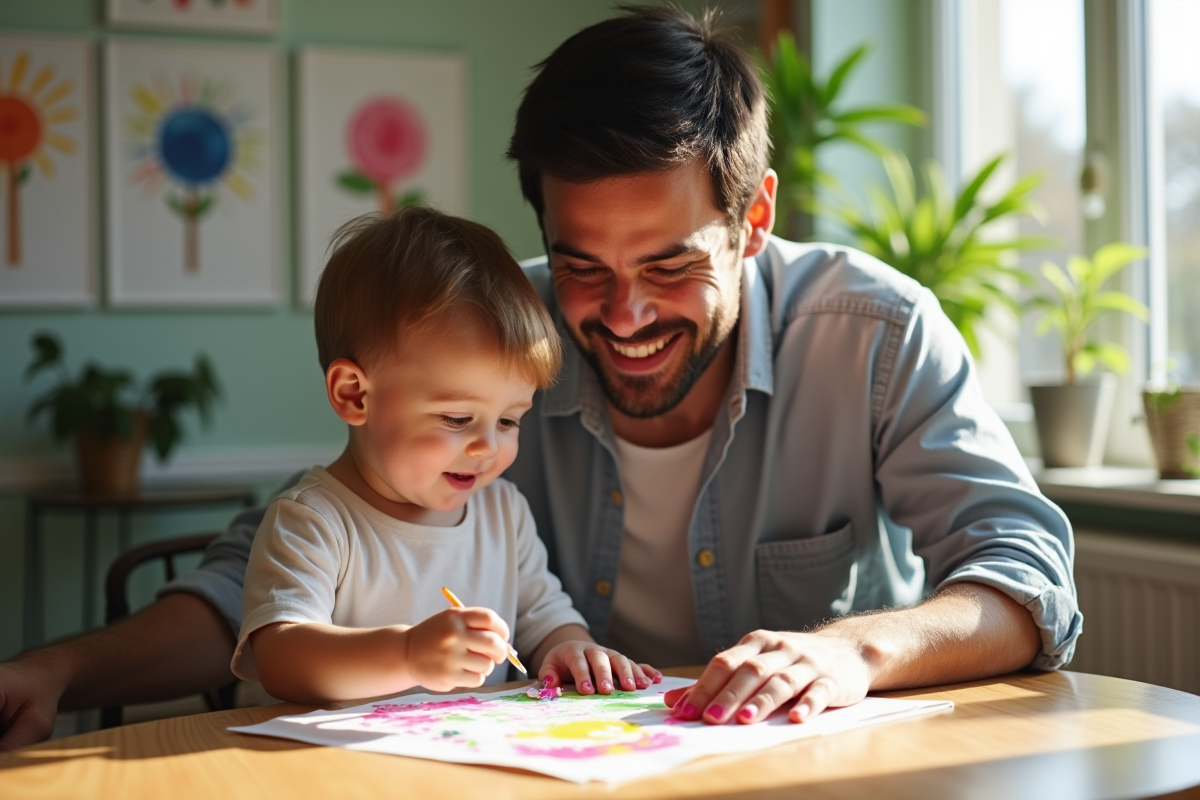 Père aidant un enfant à peindre avec des peintures naturelles