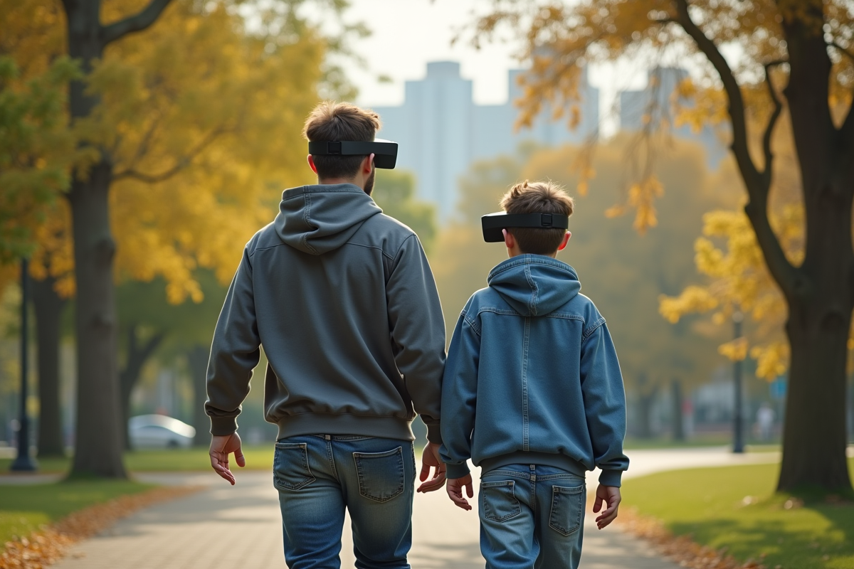 Pere et fils explorant le parc avec lunettes AR